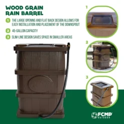FCMP Outdoor WG4000 45 Gallon Wood Grain Outdoor Home Rain Water Catcher Barrel Flat Back Container With Spigots And Mesh Screen, Brown 8 FCMP Outdoor WG4000 45 Gallon Wood Grain Outdoor Home Rain Water Catcher Barrel Flat Back Container With Spigots And Mesh Screen, Brown -D'Eco Store GUEST 9da25afa 9e69 4535 bdd4 e95507f100c3