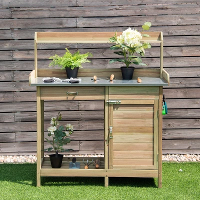 Costway Outdoor Potting Bench Garden Wooden Work Station Metal Tabletop Cabinet Drawer 2 Costway Outdoor Potting Bench Garden Wooden Work Station Metal Tabletop Cabinet Drawer - Image 2