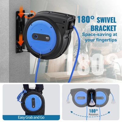 VEVOR Retractable Extension Cord Reel, 80 FT, Heavy Duty 12AWG/3C SJTOW Retractable Power Cord With Lighted Triple Tap Outlet, Black 6 VEVOR Retractable Extension Cord Reel, 80 FT, Heavy Duty 12AWG/3C SJTOW Retractable Power Cord With Lighted Triple Tap Outlet, Black - Image 6