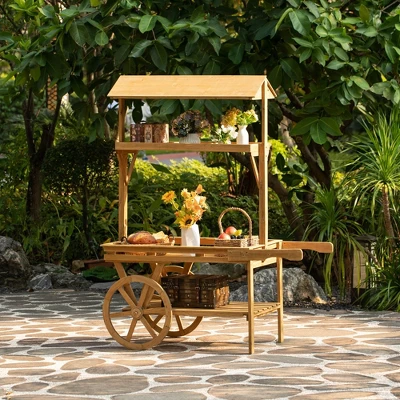 Vintiquewise Wooden 3 Tier Rolling Table Cart With 2 Wheels For Home Decor, Display Rack, Lemonade Stand, Food Stand, Or Tea Stall 2 Vintiquewise Wooden 3 Tier Rolling Table Cart With 2 Wheels For Home Decor, Display Rack, Lemonade Stand, Food Stand, Or Tea Stall - Image 2