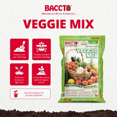 Michigan Peat Company BACCTO Veggie Mix With Peat Moss, Indoor Outdoor Organic Nutrients For Planting & Growing Vegetables, 40 Quart Bag 1 Michigan Peat Company BACCTO Veggie Mix With Peat Moss, Indoor Outdoor Organic Nutrients For Planting & Growing Vegetables, 40 Quart Bag