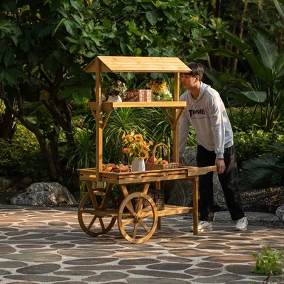 Vintiquewise Wooden 3 Tier Rolling Table Cart With 2 Wheels For Home Decor, Display Rack, Lemonade Stand, Food Stand, Or Tea Stall 5 Vintiquewise Wooden 3 Tier Rolling Table Cart With 2 Wheels For Home Decor, Display Rack, Lemonade Stand, Food Stand, Or Tea Stall - Image 5