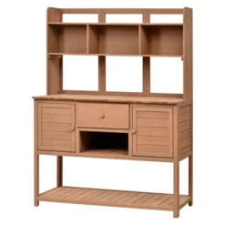 50”W Garden Potting Bench Table, Outdoor Patio Workstation With Hutch, Drawer And Adjustable Shelves, Fir Wood Frame, Brown/White/Natural-ModernLuxe -D'Eco Store GUEST ac4eb361 d7a4 400d 88bb 00221313bebe
