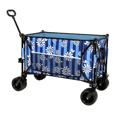 Heavy-Duty 480lbs Folding Wagon Cart With Bonus Picnic Mat - All-Terrain Beach Wheels, Drink Holders, Brakes & Side Pocket Blue Vertical Print 2 Heavy-Duty 480lbs Folding Wagon Cart With Bonus Picnic Mat - All-Terrain Beach Wheels, Drink Holders, Brakes & Side Pocket Blue Vertical Print - Image 2