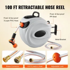 VEVOR Retractable Hose Reel, 100 Ft X 1/2 Inch, 180° Swivel Bracket Wall-Mounted, Garden Water Hose Reel With 9-Pattern Nozzle, Automatic Rewind -D'Eco Store GUEST b1a9be24 13e1 47b8 b481 174d716103d2