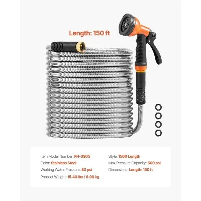 VEVOR Metal Garden Hose 150 Ft, Rust Proof Stainless Steel Water Hose, Heavy Duty Backyard Hose With 10 Function Nozzle, Silver 7 VEVOR Metal Garden Hose 150 Ft, Rust Proof Stainless Steel Water Hose, Heavy Duty Backyard Hose With 10 Function Nozzle, Silver - Image 7