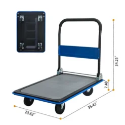 ORRD 660lbs Heavy Duty Flatbed Cart, Foldable Platform Hand Truck With 360° Swivel Wheels, Blue