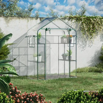 Outsunny 56" X 29" X 77" Walk-in Greenhouse Kit, Portable Green House With 3 Tier Shleves, Roll-Up Door, PE Cover For Backyard Garden 2 Outsunny 56" X 29" X 77" Walk-in Greenhouse Kit, Portable Green House With 3 Tier Shleves, Roll-Up Door, PE Cover For Backyard Garden - Image 2