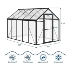 GustoWave Easy To Assemble Walk-In Aluminum Greenhouse In Black. (Upgraded Handle Version)