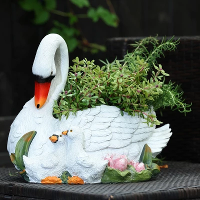LuxenHome White Resin Swan Family Planter 7 LuxenHome White Resin Swan Family Planter - Image 7