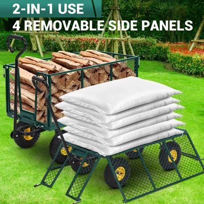 Heavy Duty Steel Garden Cart,550 LBS Capacity 3-in-1 Pullable Metal Wagon With 10" Pneumatic Wheels,180°Rotating Handle & Removable Sides, Green 4 Heavy Duty Steel Garden Cart,550 LBS Capacity 3-in-1 Pullable Metal Wagon With 10" Pneumatic Wheels,180°Rotating Handle & Removable Sides, Green - Image 4