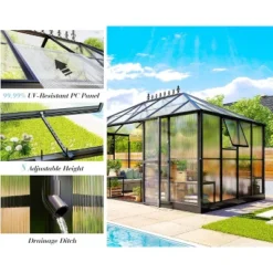 AMERLIFE 14x9.5x9 FT Polycarbonate Greenhouse, Aluminum Frame, Double Doors, 2 Vents, Rain Gutter -D'Eco Store GUEST bf74cb58 7edf 4773 a60d b85c43ce8cd4