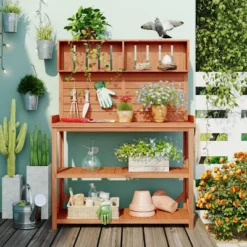 65" Wood Outdoor Potting Bench, 3-Tier Garden Shed Storage Shelves, Flower Display Rack Plant Stand Workstation-The Pop Home -D'Eco Store GUEST c2c2421a 037f 4820 b747 55302f2e5b1f