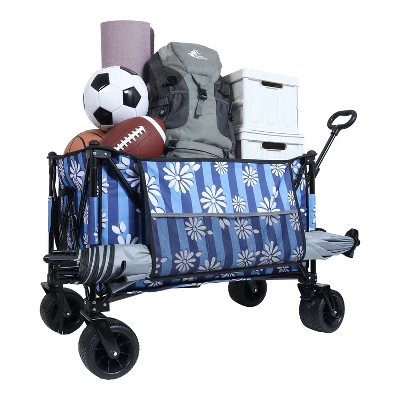 Heavy-Duty 480lbs Folding Wagon Cart With Bonus Picnic Mat - All-Terrain Beach Wheels, Drink Holders, Brakes & Side Pocket Blue Vertical Print 6 Heavy-Duty 480lbs Folding Wagon Cart With Bonus Picnic Mat - All-Terrain Beach Wheels, Drink Holders, Brakes & Side Pocket Blue Vertical Print - Image 6