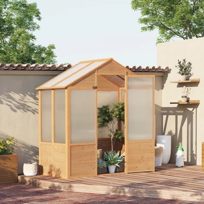 Outsunny 6.2' X 3.9' X 6.9' Polycarbonate Greenhouse, Walk-in Hot House Kit With Lockable Door, 5 Level Wind Resistant Wooden Frame, Natural Wood 2 Outsunny 6.2' X 3.9' X 6.9' Polycarbonate Greenhouse, Walk-in Hot House Kit With Lockable Door, 5 Level Wind Resistant Wooden Frame, Natural Wood - Image 2