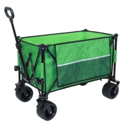 Heavy-Duty 480lbs Folding Wagon Cart With Bonus Picnic Mat - All-Terrain Beach Wheels, Drink Holders, Brakes & Side Pocket Green Line