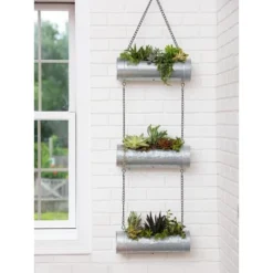 Gardener's Supply Company Galvanized Triple Hanging Planter | 3 Tier Sturdy Metal Rustic Farmhouse Decorative Wall Planters For Indoor & Outdoor