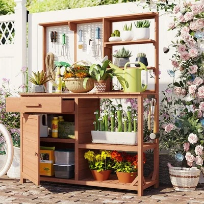 Outdoor Potting Bench, Garden Workstation For Planting, Potting Bench With Shelves And Adjustable Storage, Wood Potting Bench-Coolbibila 1 Outdoor Potting Bench, Garden Workstation For Planting, Potting Bench With Shelves And Adjustable Storage, Wood Potting Bench-Coolbibila