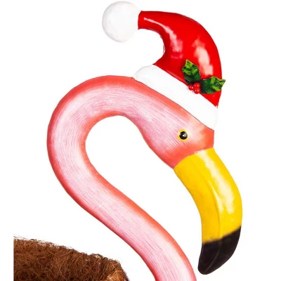 Evergreen 39"H Metal Winter Flamingo Planter W/Santa Hat 2 Evergreen 39"H Metal Winter Flamingo Planter W/Santa Hat - Image 2