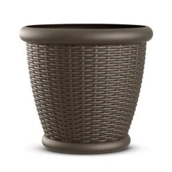 Suncast Willow 18-Inch Diameter Durable And Lightweight Decorative Wicker Patio Planter Pot With Drillable Drain Holes, Java (2 Pack)