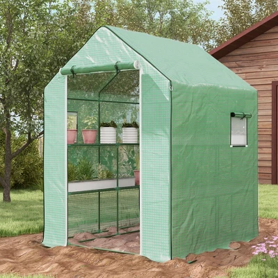 Outsunny 4.6' X 4.7' Portable Greenhouse, Small Walk-In Greenhouse, Hot House With 2 Tier U-Shape Flower Rack 2 Outsunny 4.6' X 4.7' Portable Greenhouse, Small Walk-In Greenhouse, Hot House With 2 Tier U-Shape Flower Rack - Image 2
