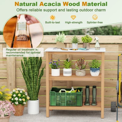 Tangkula 3-Tier Patio Garden Potting Bench Table W/ Acacia Wood 2 Slatted Shelves 7 Tangkula 3-Tier Patio Garden Potting Bench Table W/ Acacia Wood 2 Slatted Shelves - Image 7