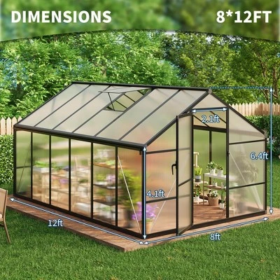 8x12FT Aluminum Greenhouse With Roof Vent Ground Nails Lockable Push Door Large Walk-in Green House For Outside Garden Backyard Patio Lawn 1 8x12FT Aluminum Greenhouse With Roof Vent Ground Nails Lockable Push Door Large Walk-in Green House For Outside Garden Backyard Patio Lawn
