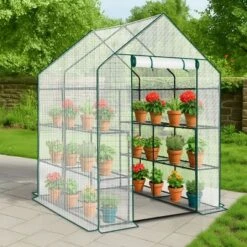SEVOBAL Greenhouse Outdoor Durable PE Plant Green House For Frost Protection Shelf Clips Roll-up Zipper Door Walk-in For Planter, White, 99"*37"*14.5"