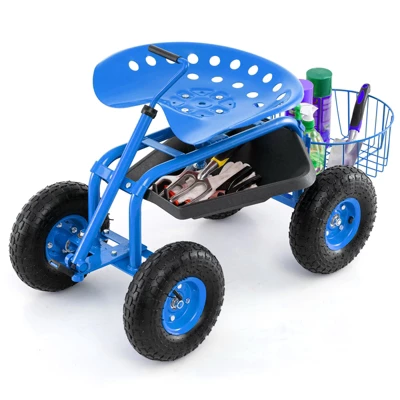 Tangkula Rolling Garden Cart Scooter W/ Adjustable Seat Storage Basket Tray Blue 9 Tangkula Rolling Garden Cart Scooter W/ Adjustable Seat Storage Basket Tray Blue - Image 9
