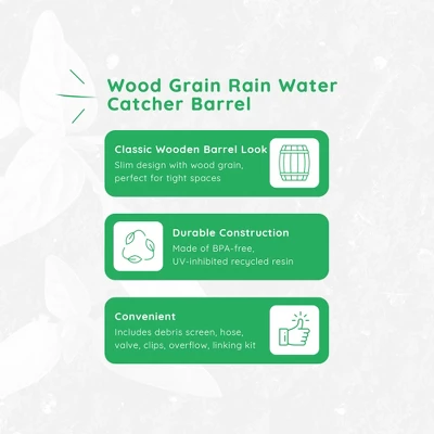 FCMP Outdoor WG4000-GRY Wood Grain Rain Barrel With Flat Back For Environmentally Friendly Watering Of Outdoor Plants, Gardens, And Landscapes, Black 1 FCMP Outdoor WG4000-GRY Wood Grain Rain Barrel With Flat Back For Environmentally Friendly Watering Of Outdoor Plants, Gardens, And Landscapes, Black