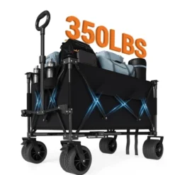 Wagon Cart, Folding Utility Heavy Duty Wagons Carts For Camping, All Terrain Beach Wagons Extended With Cup Holders, 500Lbs Weight Capacity