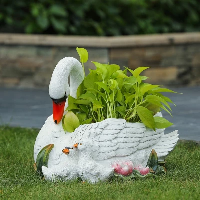LuxenHome White Resin Swan Family Planter 8 LuxenHome White Resin Swan Family Planter - Image 8