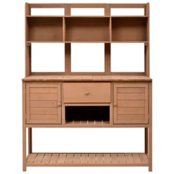 50”W Garden Potting Bench Table, Outdoor Patio Workstation With Hutch, Drawer And Adjustable Shelves, Fir Wood Frame, Brown/White/Natural-ModernLuxe -D'Eco Store GUEST f22f5312 ed04 4c7e 968e 142095a07f56