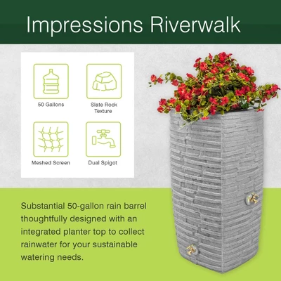 Good Ideas Impressions Riverwalk 50 Gallon Faux Slate Surface Dual Spigot Rain Barrel With 2 Brass Spigots And Screen, Dark Granite (2 Pack) 1 Good Ideas Impressions Riverwalk 50 Gallon Faux Slate Surface Dual Spigot Rain Barrel With 2 Brass Spigots And Screen, Dark Granite (2 Pack)