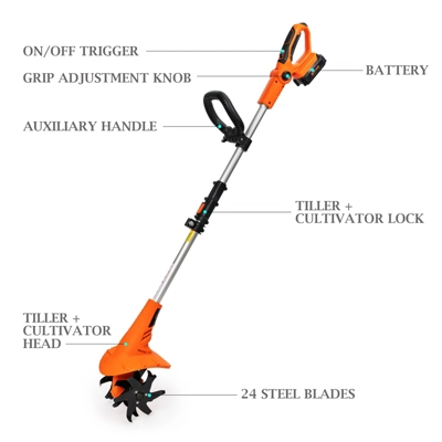 Ukoke Cordless Tiller Cultivator, 20V 2.5Ah Battery, 280 RPM, 24 Steel Blades, 5" Deep X 7.8" Wide Tilling Path, Orange, ST1902 1 Ukoke Cordless Tiller Cultivator, 20V 2.5Ah Battery, 280 RPM, 24 Steel Blades, 5" Deep X 7.8" Wide Tilling Path, Orange, ST1902