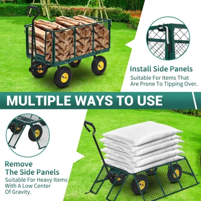 Heavy Duty Steel Garden Cart,550 LBS Capacity 3-in-1 Pullable Metal Wagon With 10" Pneumatic Wheels,180°Rotating Handle & Removable Sides, Green 7 Heavy Duty Steel Garden Cart,550 LBS Capacity 3-in-1 Pullable Metal Wagon With 10" Pneumatic Wheels,180°Rotating Handle & Removable Sides, Green - Image 7