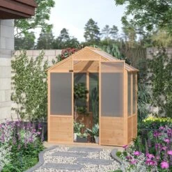 D'Eco Store 26 Outsunny 6.2' X 3.9' X 6.9' Polycarbonate Greenhouse, Walk-in Hot House Kit With Lockable Door, 5 Level Wind Resistant Wooden Frame, Natural Wood