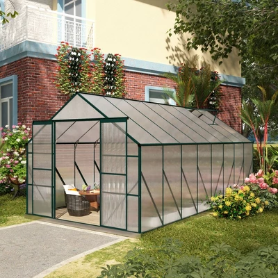 Outsunny Aluminum Greenhouse Polycarbonate Walk-in Garden Greenhouse Kit With Adjustable Roof Vent, Rain Gutter And Sliding Door 2 Outsunny Aluminum Greenhouse Polycarbonate Walk-in Garden Greenhouse Kit With Adjustable Roof Vent, Rain Gutter And Sliding Door - Image 2