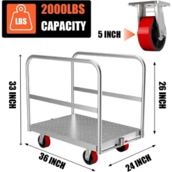 Heavy Duty Steel Panel Cart Dolly – 2000 Lbs Capacity Drywall Dolly & Lumber Truck Cart With 3 Side Handrails, 36" L X 24" W X 33" H