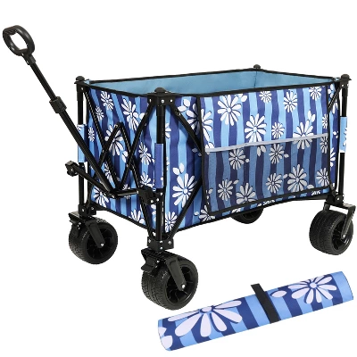 Heavy-Duty 480lbs Folding Wagon Cart With Bonus Picnic Mat - All-Terrain Beach Wheels, Drink Holders, Brakes & Side Pocket Blue Vertical Print 7 Heavy-Duty 480lbs Folding Wagon Cart With Bonus Picnic Mat - All-Terrain Beach Wheels, Drink Holders, Brakes & Side Pocket Blue Vertical Print - Image 7